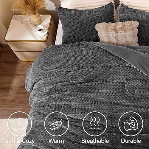 ChiXpace Flannel Fleece Queen Comforter Set - Ultra Soft Furry Grey Leaves Pattern Faux Fur Bed Set, Winter Fuzzy Fluffy Comfort Set, Velvet Bedding Set for Bed with 2 Pillow Cases - Image 3