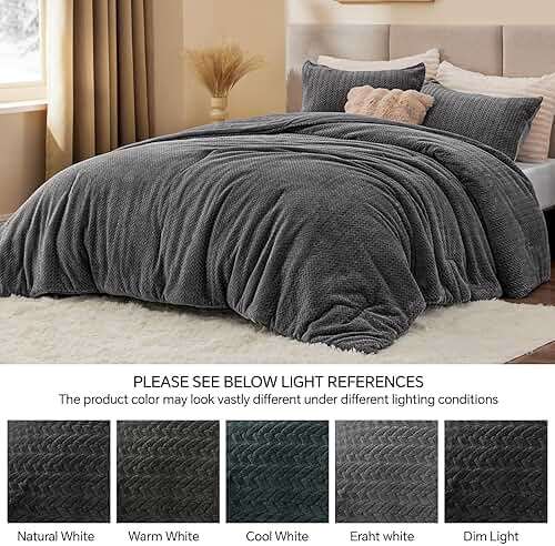 ChiXpace Flannel Fleece Queen Comforter Set - Ultra Soft Furry Grey Leaves Pattern Faux Fur Bed Set, Winter Fuzzy Fluffy Comfort Set, Velvet Bedding Set for Bed with 2 Pillow Cases - Image 5