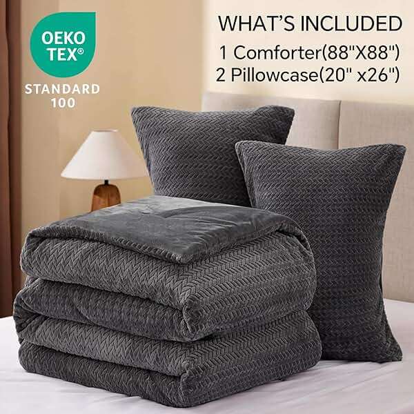 ChiXpace Flannel Fleece Queen Comforter Set - Ultra Soft Furry Grey Leaves Pattern Faux Fur Bed Set, Winter Fuzzy Fluffy Comfort Set, Velvet Bedding Set for Bed with 2 Pillow Cases - Image 6