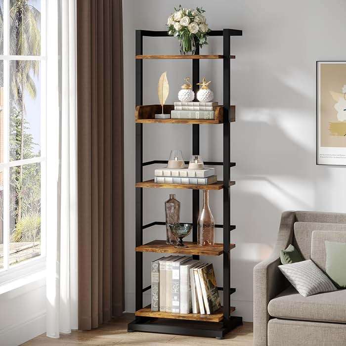 Hosfais Book Shelf Narrow Bookshelf: 5 Tier Wood Bookcase with Metal Edge Protection Industrial Modern Bookshelf Book Storage Organizer for Living Room Bedroom Home Office (Rustic Brown) - Image 3