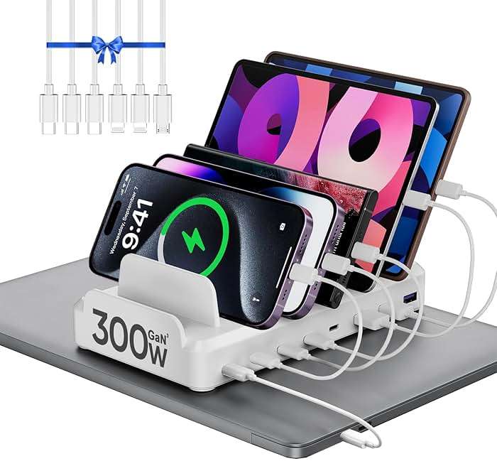 300W Charging Station for Multiple Devices, 8 Port Multi USB C Fast Charger Station Dock for MacBook iPhone 17/16/15/14/13/12 Samsung Pixel Series iPad, White (6 Mixed Short Cables Included) - Image 1
