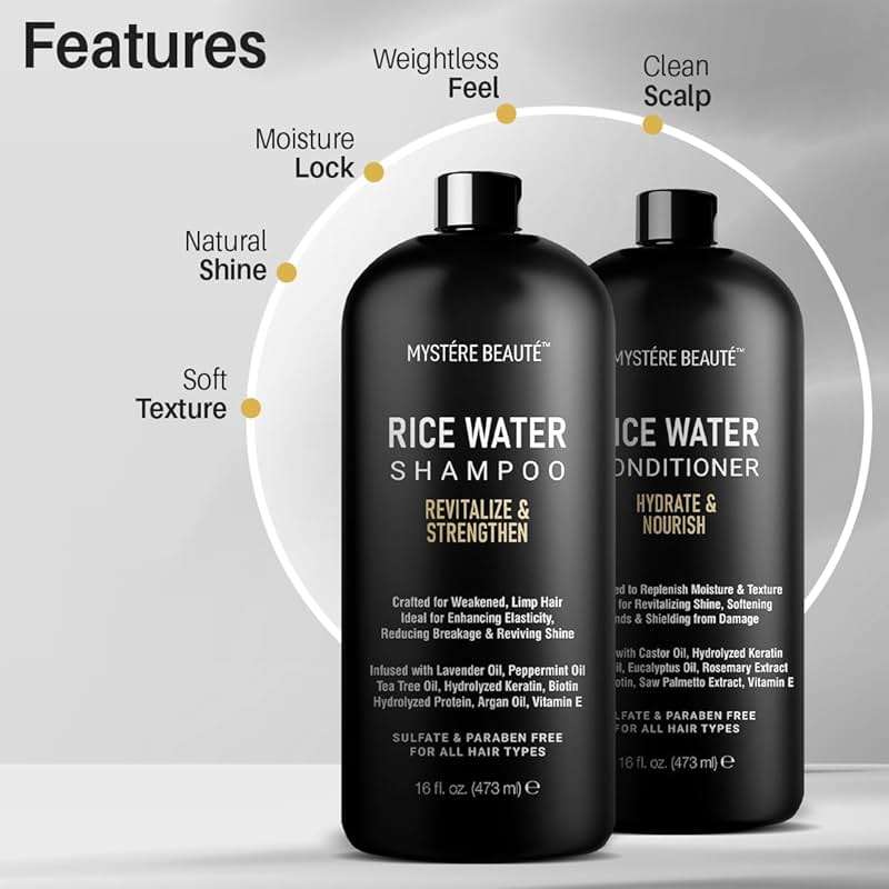 MYSTÉRE BEAUTÉ Rice Water Shampoo and Conditioner Set - Sulfate Free with Biotin, Hyaluronic Acid & Tea Tree - Strengthens, Thickens & Adds Shine - For All Hair Types Including Curly -16 oz Each - Image 2