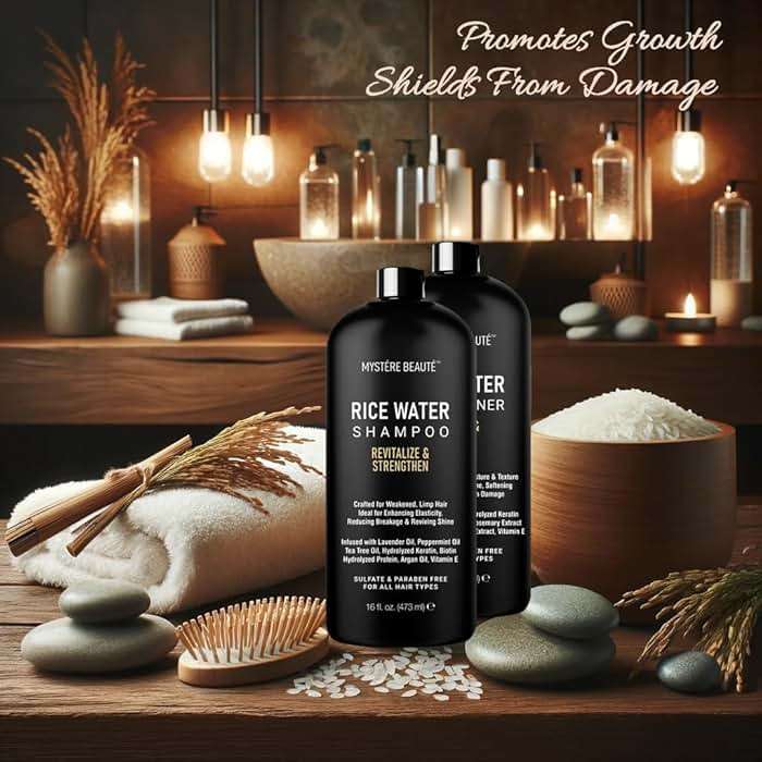 MYSTÉRE BEAUTÉ Rice Water Shampoo and Conditioner Set - Sulfate Free with Biotin, Hyaluronic Acid & Tea Tree - Strengthens, Thickens & Adds Shine - For All Hair Types Including Curly -16 oz Each - Image 4