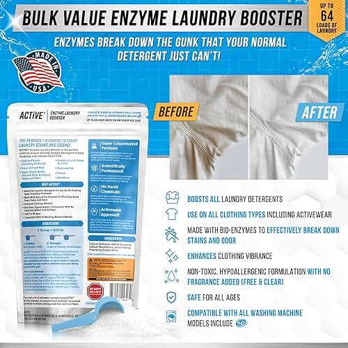 Enzyme Laundry Booster Odor Remover - 2 lbs Unscented Enzymatic Clothes Stain Cleaner Powder, Natural Deodorizer with Bio Active Enzymes, Detergent Additive Eliminator for Sweat, Oil, Blood - 64 Loads - Image 2