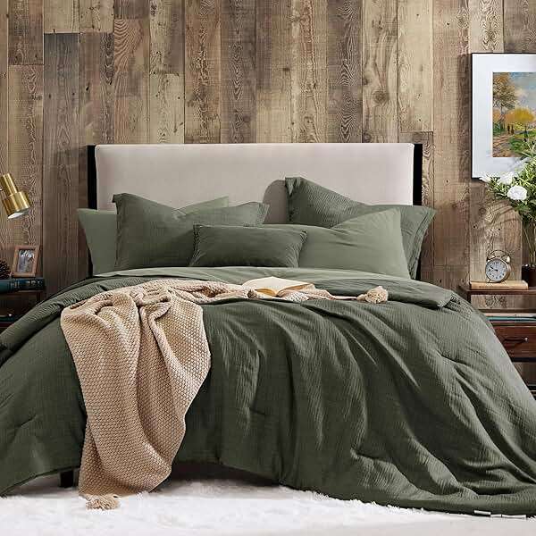 Geniospin Dark Olive Green Queen Comforter Set - 7 Pieces Comforter Queen Size, Solid Bedding Set for All Season, Textured Bed in a Bag with Sheets - Image 1