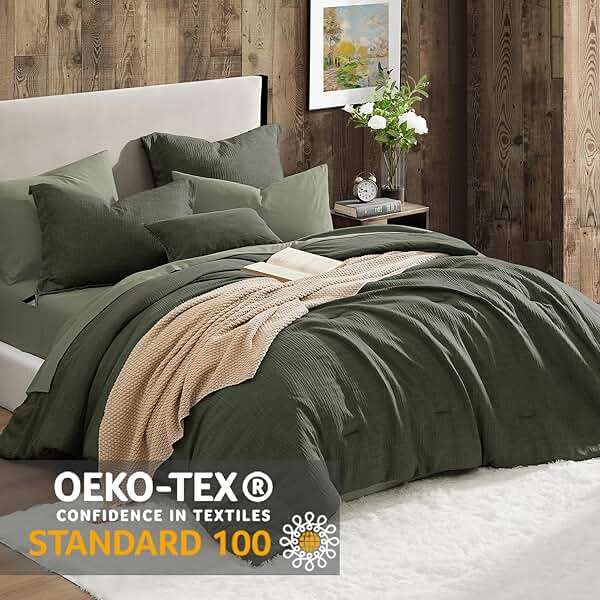 Geniospin Dark Olive Green Queen Comforter Set - 7 Pieces Comforter Queen Size, Solid Bedding Set for All Season, Textured Bed in a Bag with Sheets - Image 2