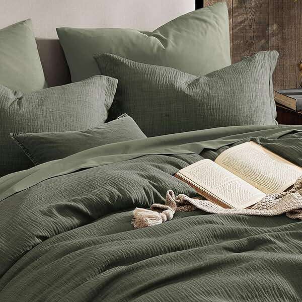 Geniospin Dark Olive Green Queen Comforter Set - 7 Pieces Comforter Queen Size, Solid Bedding Set for All Season, Textured Bed in a Bag with Sheets - Image 4