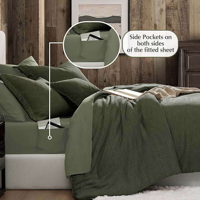 Geniospin Dark Olive Green Queen Comforter Set - 7 Pieces Comforter Queen Size, Solid Bedding Set for All Season, Textured Bed in a Bag with Sheets - Image 5