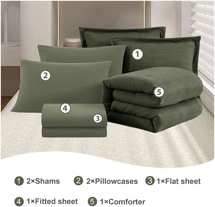 Geniospin Dark Olive Green Queen Comforter Set - 7 Pieces Comforter Queen Size, Solid Bedding Set for All Season, Textured Bed in a Bag with Sheets - Image 7
