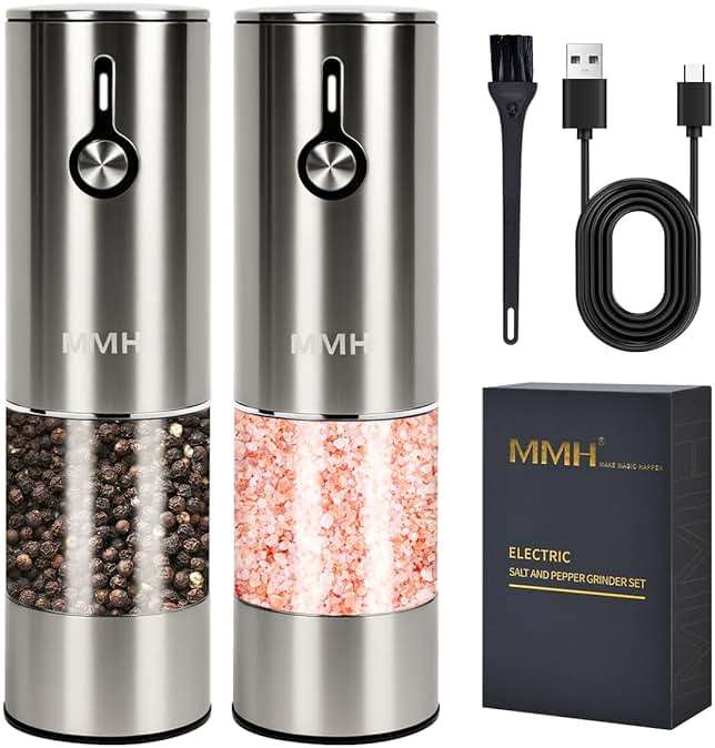 [Upgraded 66g Large Capacity] Electric Salt and Pepper Grinder Set of 2, Rechargeable with 6 Level Adjustable Coarseness, Stainless Steel Automatic Salt and Pepper Shakers Refillable with LED light - Image 1