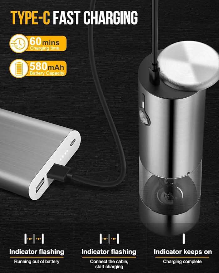[Upgraded 66g Large Capacity] Electric Salt and Pepper Grinder Set of 2, Rechargeable with 6 Level Adjustable Coarseness, Stainless Steel Automatic Salt and Pepper Shakers Refillable with LED light - Image 2