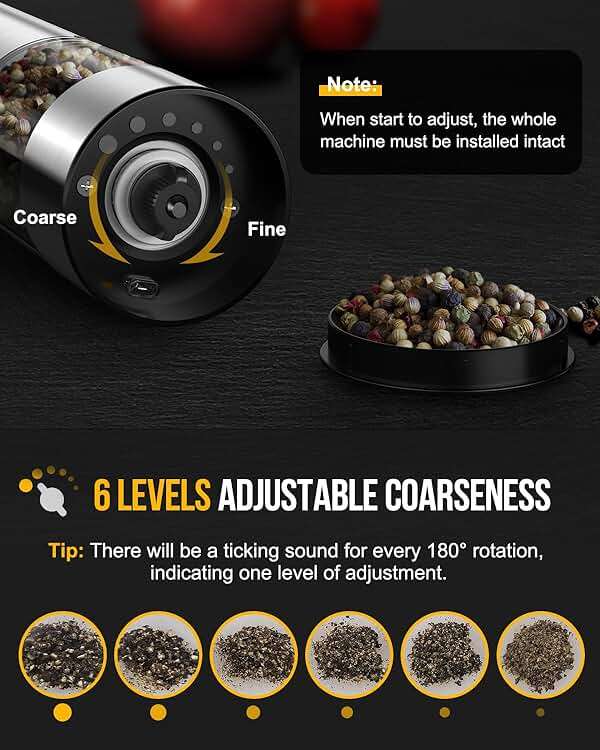 [Upgraded 66g Large Capacity] Electric Salt and Pepper Grinder Set of 2, Rechargeable with 6 Level Adjustable Coarseness, Stainless Steel Automatic Salt and Pepper Shakers Refillable with LED light - Image 4