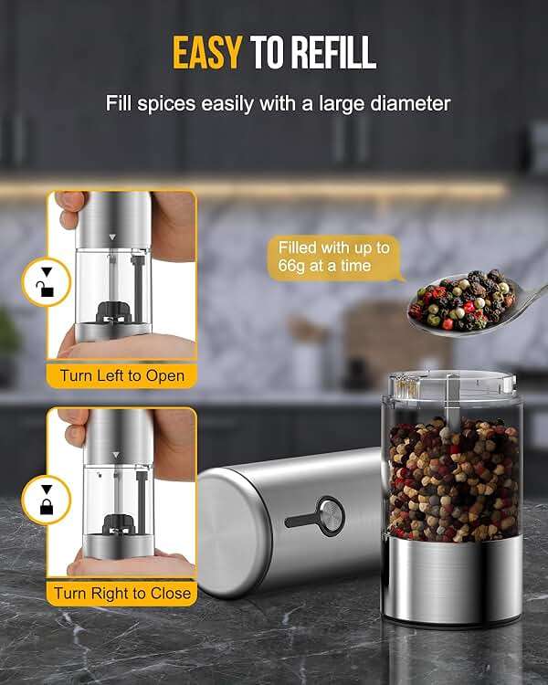 [Upgraded 66g Large Capacity] Electric Salt and Pepper Grinder Set of 2, Rechargeable with 6 Level Adjustable Coarseness, Stainless Steel Automatic Salt and Pepper Shakers Refillable with LED light - Image 5