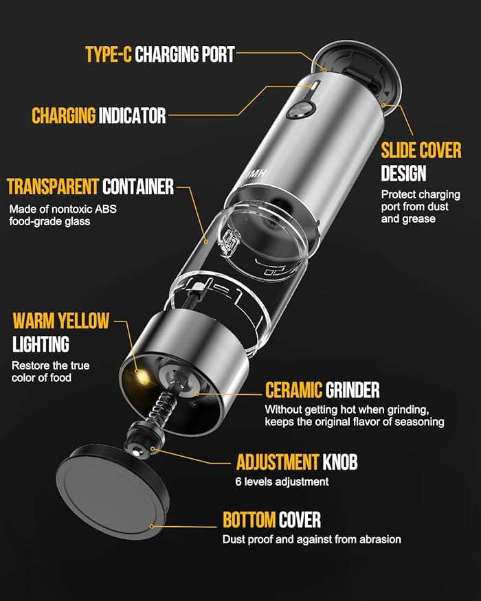 [Upgraded 66g Large Capacity] Electric Salt and Pepper Grinder Set of 2, Rechargeable with 6 Level Adjustable Coarseness, Stainless Steel Automatic Salt and Pepper Shakers Refillable with LED light - Image 7