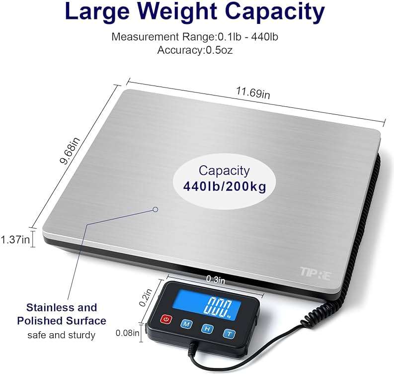 TIPRE Shipping Scale 440lbs for Packages, Heavy Duty Digital Postal Scale with LCD Display 0.35 oz High Precision Express Scale with Type-C Charging & Batteries Smart Hold/Tare for Small Business Home - Image 2