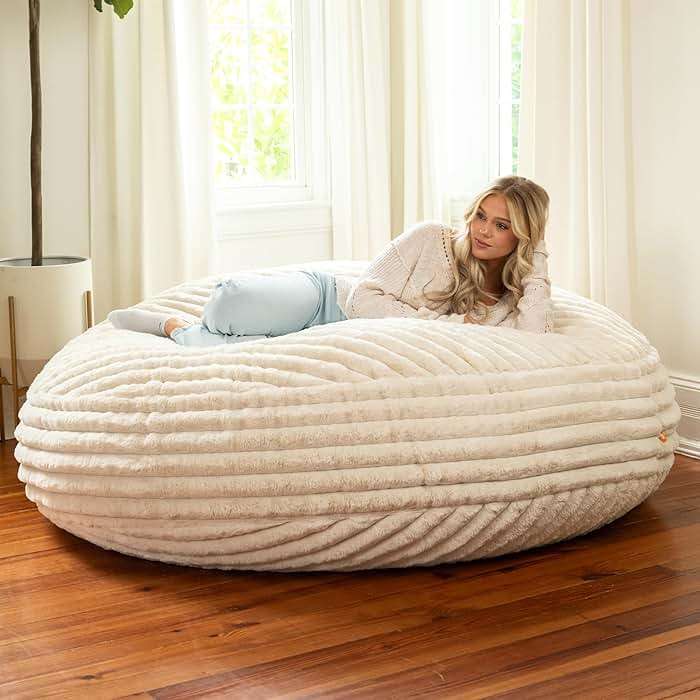 Jaxx 6 Foot Cocoon - 2-in-1 Convertible Bean Bag Bed & Large Bean Bag Chair for Adults, Premium Luxe Faux Fur - Mondo Ivory - Image 2