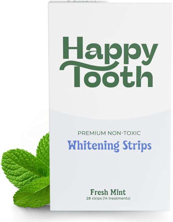 Happy Tooth Natural Teeth Whitening Kit, Strips for Sensitive Teeth, Enamel Safe, Dentist Formulated, Fluoride Free, Natural Ingredients, Gentle Daily Use, 28 Strips, 14 Treatments, Fresh Mint Flavor - Image 1