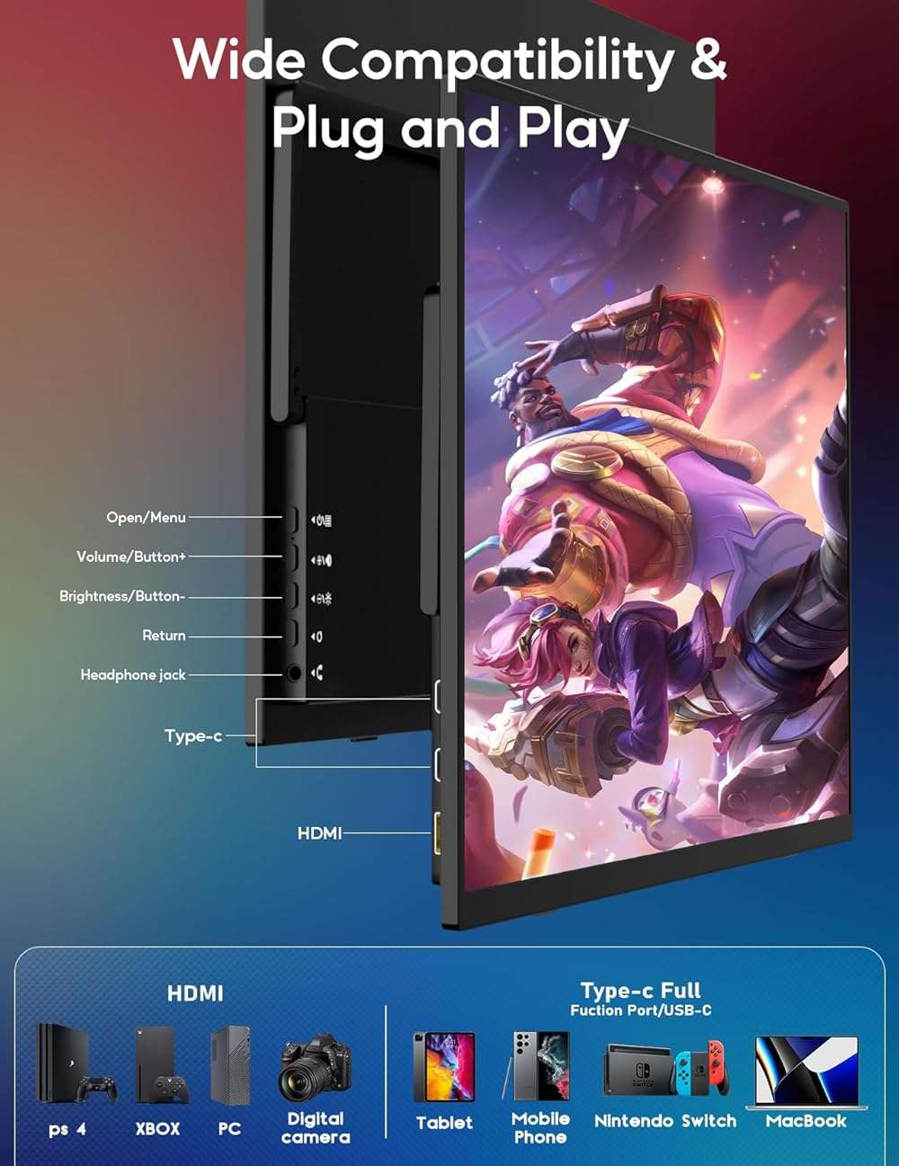 KEEPTIME 16'' 2.5K 144Hz Portable Gaming Monitor for Laptop, 2560P×1440P IPS Screen with HDR, 1000:1 FreeSync, Ultra Slim & Eye Care,Travel Monitor External Screen for Laptop, PC, PS5, Mac, Xbox - Image 6