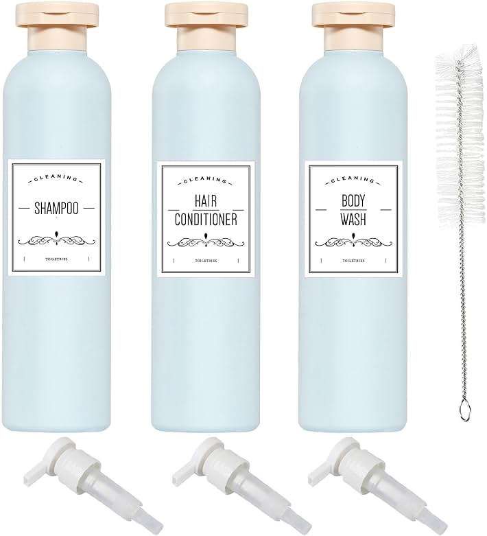 Qeuly Squeeze Bottles with Pump Dispenser and Flip Cap, 8.8 oz Refillable Travel Containers for Toiletries, Plastic Travel Shampoo and Conditioner Bottles (Blue 260) - Image 1