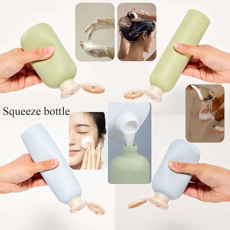Qeuly Squeeze Bottles with Pump Dispenser and Flip Cap, 8.8 oz Refillable Travel Containers for Toiletries, Plastic Travel Shampoo and Conditioner Bottles (Blue 260) - Image 4