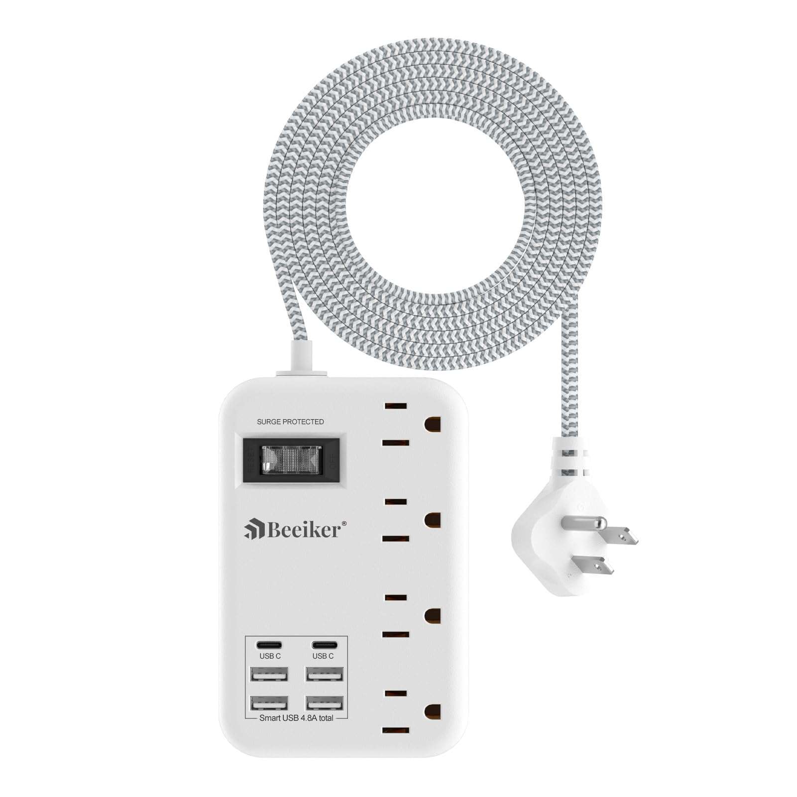 6 USB(2 USB C) Surge Protector Power Strip- 5Ft Travel Power Strip with 4.8A USB Charging Station and 4 Extendable Outlet, 13A Flat Plug Braided Extension Cord with Wall Mount for Travel Office Dorm - Image 1