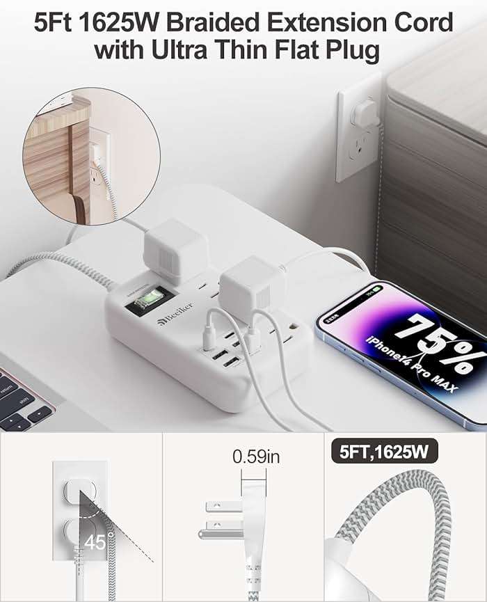 6 USB(2 USB C) Surge Protector Power Strip- 5Ft Travel Power Strip with 4.8A USB Charging Station and 4 Extendable Outlet, 13A Flat Plug Braided Extension Cord with Wall Mount for Travel Office Dorm - Image 4