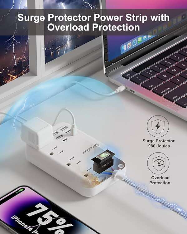 6 USB(2 USB C) Surge Protector Power Strip- 5Ft Travel Power Strip with 4.8A USB Charging Station and 4 Extendable Outlet, 13A Flat Plug Braided Extension Cord with Wall Mount for Travel Office Dorm - Image 5