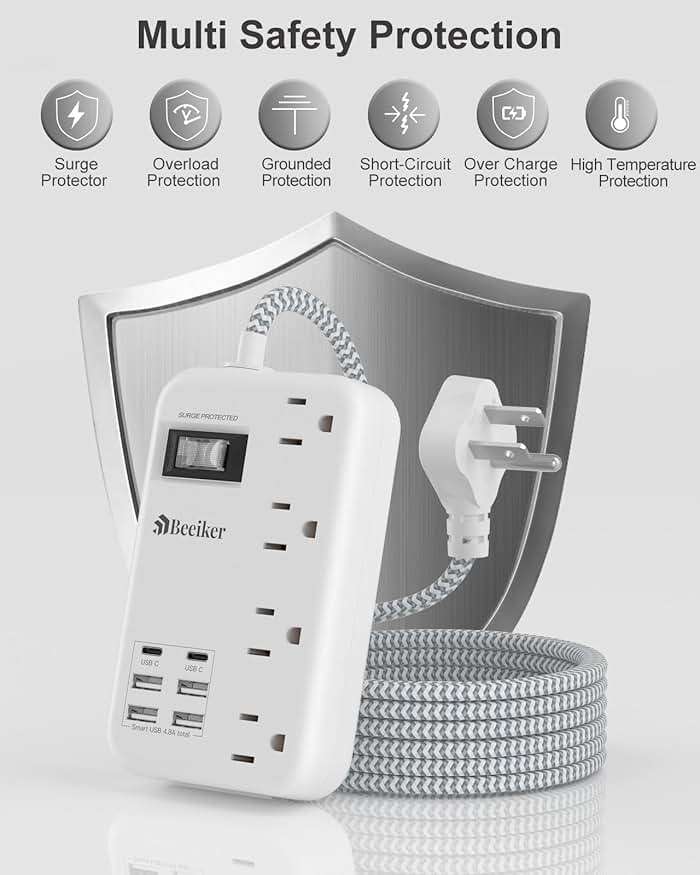 6 USB(2 USB C) Surge Protector Power Strip- 5Ft Travel Power Strip with 4.8A USB Charging Station and 4 Extendable Outlet, 13A Flat Plug Braided Extension Cord with Wall Mount for Travel Office Dorm - Image 7