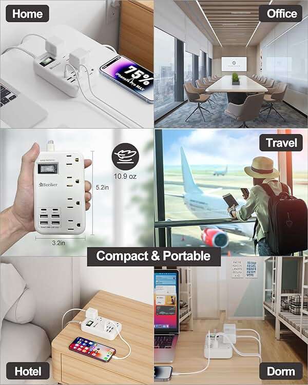 6 USB(2 USB C) Surge Protector Power Strip- 5Ft Travel Power Strip with 4.8A USB Charging Station and 4 Extendable Outlet, 13A Flat Plug Braided Extension Cord with Wall Mount for Travel Office Dorm - Image 8