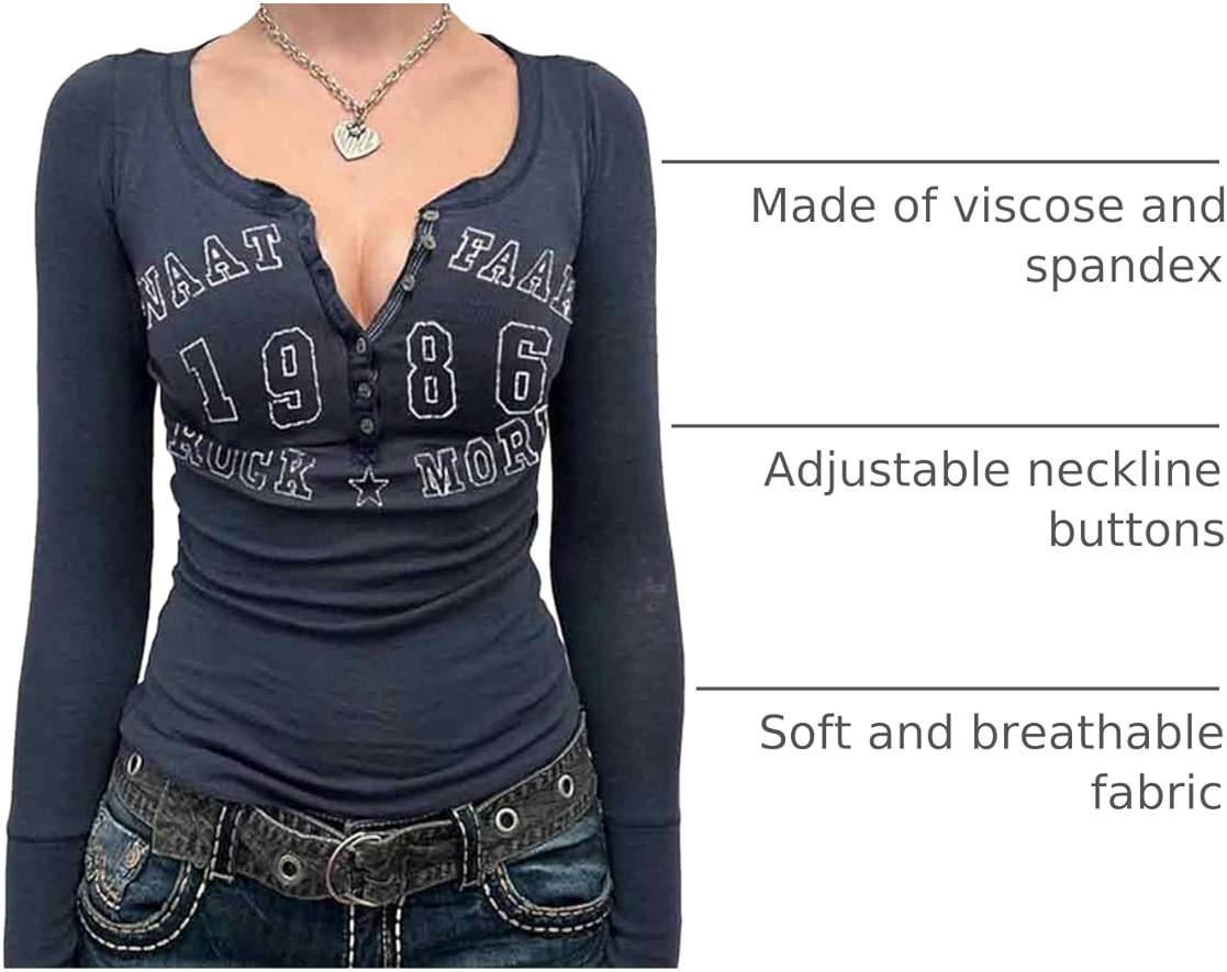 DUKBUBI Women’s Y2K Long Sleeve Henley T Shirts Button Down Slim Fit Vintage Casual Tops Graphic Crop Tops - Image 4