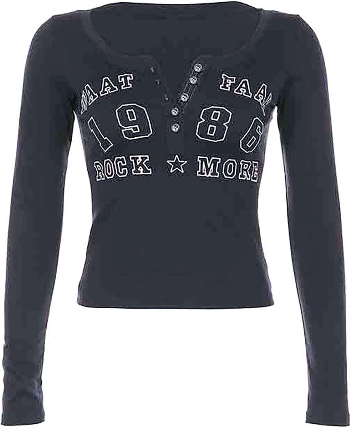 DUKBUBI Women’s Y2K Long Sleeve Henley T Shirts Button Down Slim Fit Vintage Casual Tops Graphic Crop Tops - Image 5