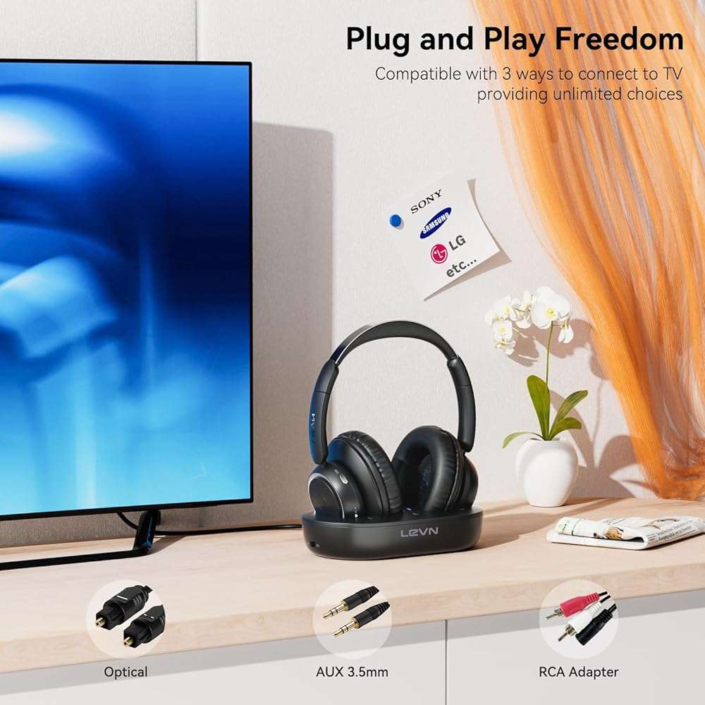 LEVN Wireless Headphones for TV Watching, TV Headphones Wireless for Seniors with Transmitter Charging Base, Hearing-impaired, No Audio Delay Blutooth 5.2, Plug and Play, Gifts for Elderly - Image 4
