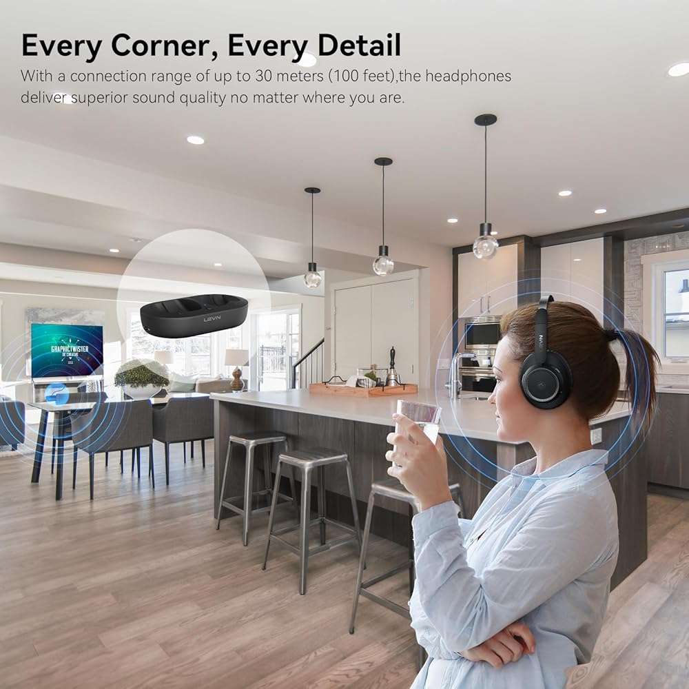 LEVN Wireless Headphones for TV Watching, TV Headphones Wireless for Seniors with Transmitter Charging Base, Hearing-impaired, No Audio Delay Blutooth 5.2, Plug and Play, Gifts for Elderly - Image 5