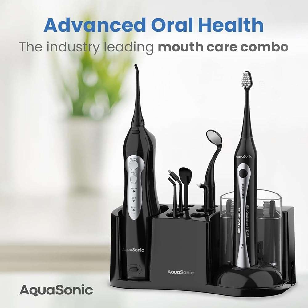 AquaSonic Home Dental Center Rechargeable Power Toothbrush & Smart Water Flosser - Complete Family Oral Care System - 10 Attachments and Tips Included - Various Modes & Timers (Black) - Image 6