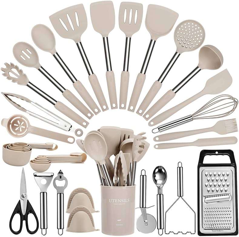 Cooking Utensils Set, 35Pcs Silicone Kitchen Utensils Set with Holder, 446°F Heat Resistant Food Grade Spatula Set, BPA Free Kitchen Gadgets for Non-stick Cookware, Easy to Clean (Khaki) - Image 1