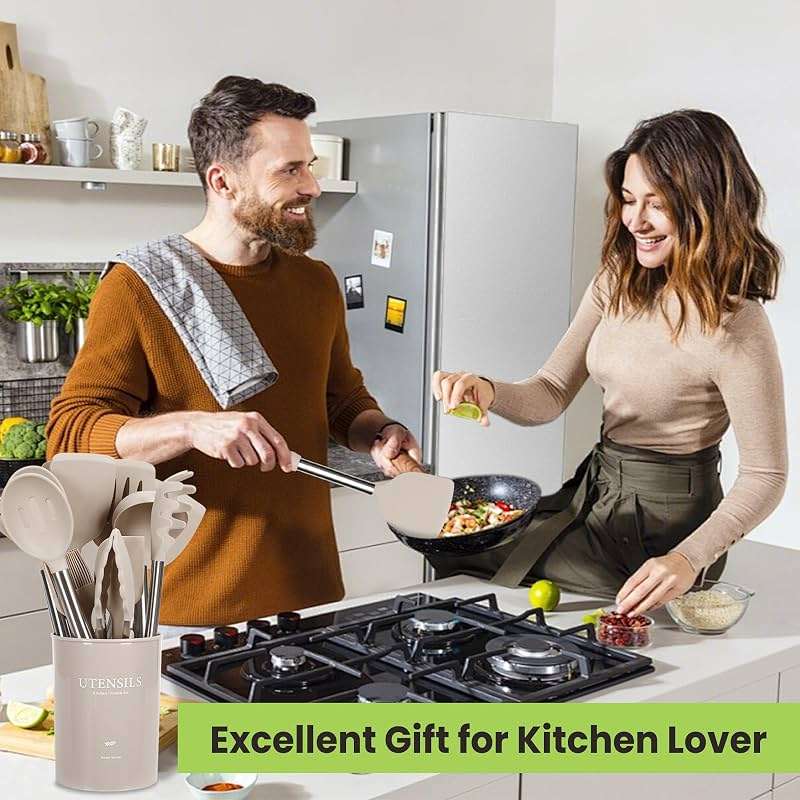 Cooking Utensils Set, 35Pcs Silicone Kitchen Utensils Set with Holder, 446°F Heat Resistant Food Grade Spatula Set, BPA Free Kitchen Gadgets for Non-stick Cookware, Easy to Clean (Khaki) - Image 2