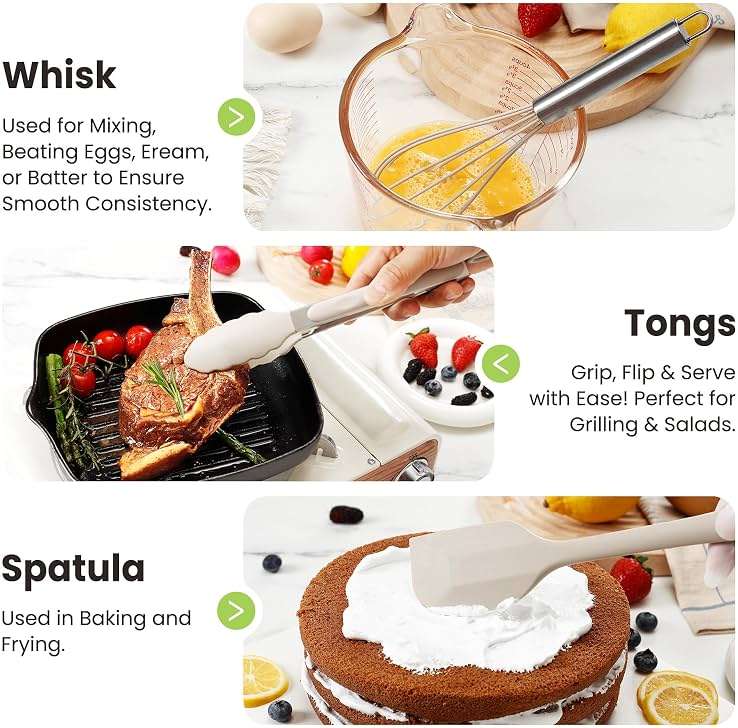 Cooking Utensils Set, 35Pcs Silicone Kitchen Utensils Set with Holder, 446°F Heat Resistant Food Grade Spatula Set, BPA Free Kitchen Gadgets for Non-stick Cookware, Easy to Clean (Khaki) - Image 5