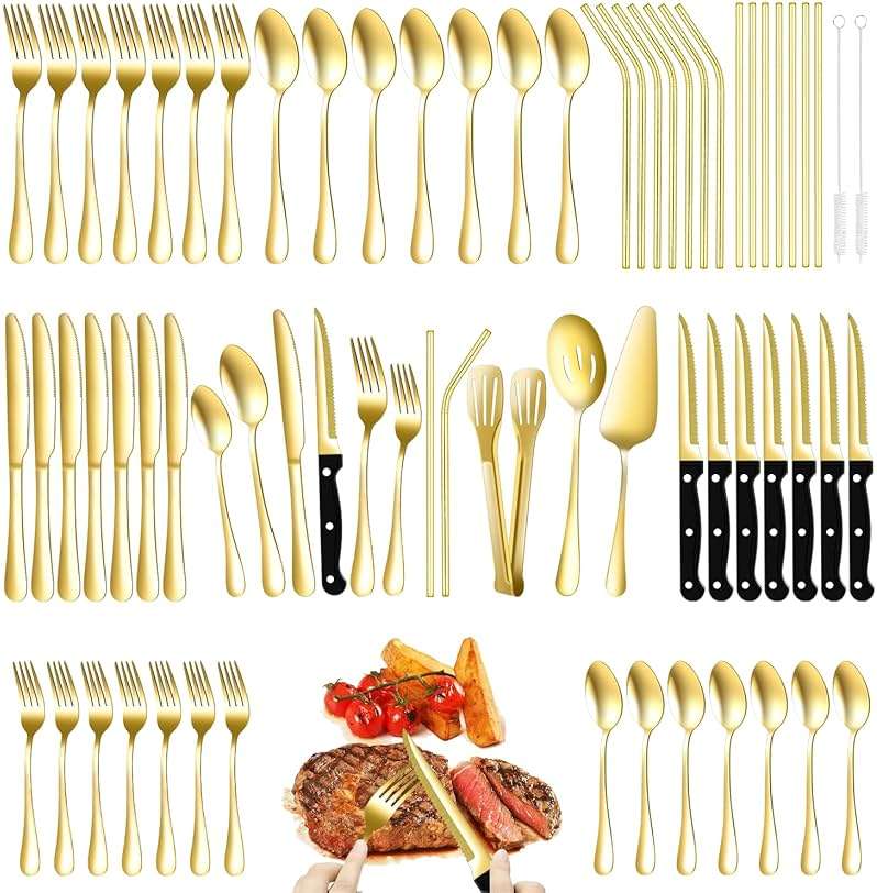 69 Piece Gold Silverware Set with Steak Knife Service For 8, Golden Flatware Cutlery Set Stainless Steel Utensils Mirror Polishe Spoons and Forks with Metal Straw, Slotted Spoons, Tongs, Tableware - Image 1