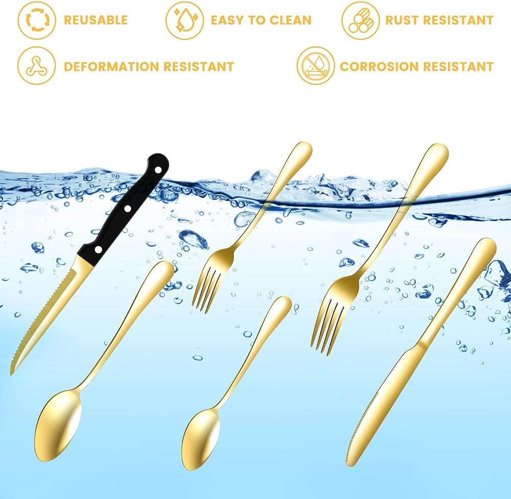 69 Piece Gold Silverware Set with Steak Knife Service For 8, Golden Flatware Cutlery Set Stainless Steel Utensils Mirror Polishe Spoons and Forks with Metal Straw, Slotted Spoons, Tongs, Tableware - Image 3