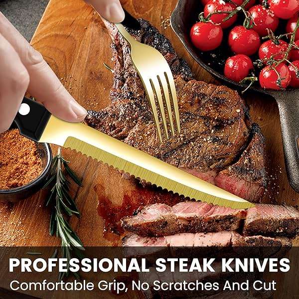 69 Piece Gold Silverware Set with Steak Knife Service For 8, Golden Flatware Cutlery Set Stainless Steel Utensils Mirror Polishe Spoons and Forks with Metal Straw, Slotted Spoons, Tongs, Tableware - Image 4