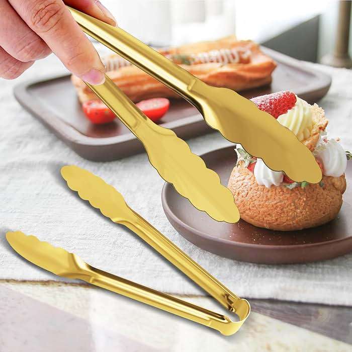 4 Pack Gold Serving Tongs XEVOM Buffet Tongs Serving Utensils Salad Tongs Stainless Steel Gold Plated Buffet Serving Tongs,9 Inch - Image 2