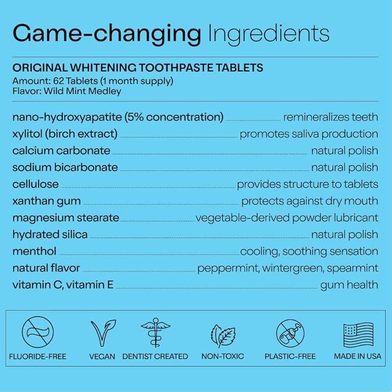 Duo Toothpaste Tablets | Nano-Hydroxyapatite (nHa) Natural Whitening, Remineralize, Reduce Sensitivity | Sustainable & Plastic Free | Dentist Created | Wild Mint Medley - 1 Bottle / 62 Tablets - Image 5