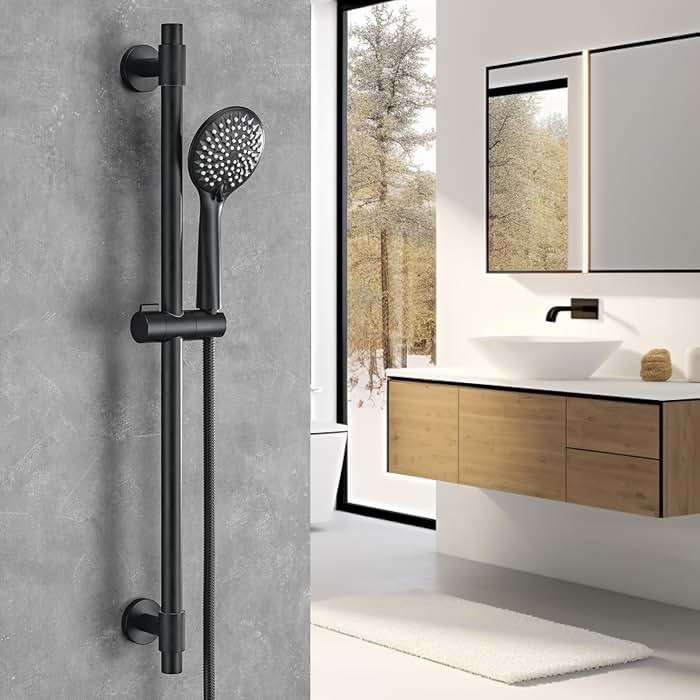 YSNOL Adjustable Shower Slide Bar with 5-Function Handheld Shower Head, Stainless Steel Grab Slide Bar Combo with Extra Hose (Matte Black) - Image 2