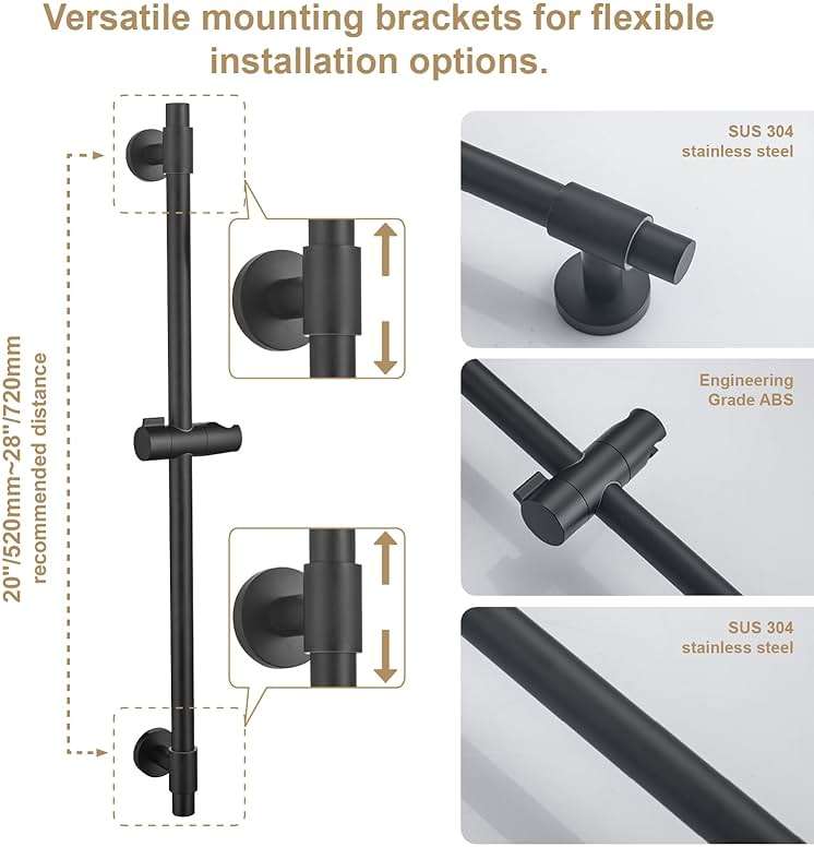 YSNOL Adjustable Shower Slide Bar with 5-Function Handheld Shower Head, Stainless Steel Grab Slide Bar Combo with Extra Hose (Matte Black) - Image 3