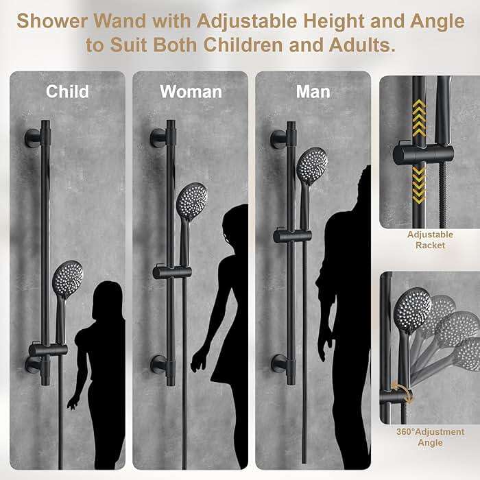 YSNOL Adjustable Shower Slide Bar with 5-Function Handheld Shower Head, Stainless Steel Grab Slide Bar Combo with Extra Hose (Matte Black) - Image 5