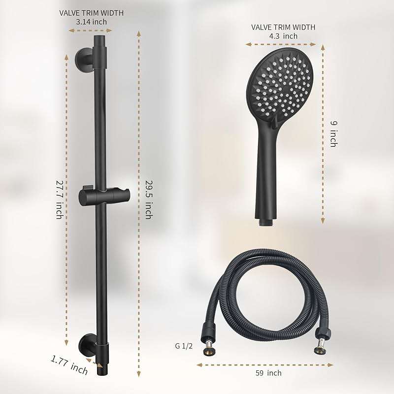 YSNOL Adjustable Shower Slide Bar with 5-Function Handheld Shower Head, Stainless Steel Grab Slide Bar Combo with Extra Hose (Matte Black) - Image 6