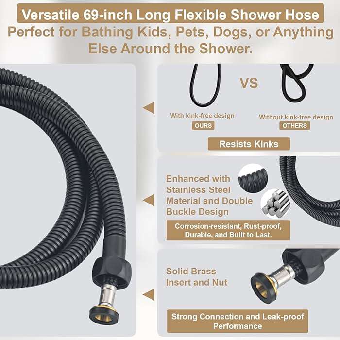 YSNOL Adjustable Shower Slide Bar with 5-Function Handheld Shower Head, Stainless Steel Grab Slide Bar Combo with Extra Hose (Matte Black) - Image 7