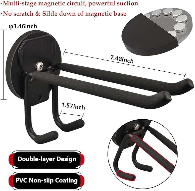 ULIBERMAGNET Double Layer Magnetic Hooks,Heavy Duty Magnetic Storage Hooks for Garden Tools,Shovel,Rope,Cable,Hose,Power Tool Organizer for Garages,Gardens,Workshop (2PACK/3.46INCH) - Image 2