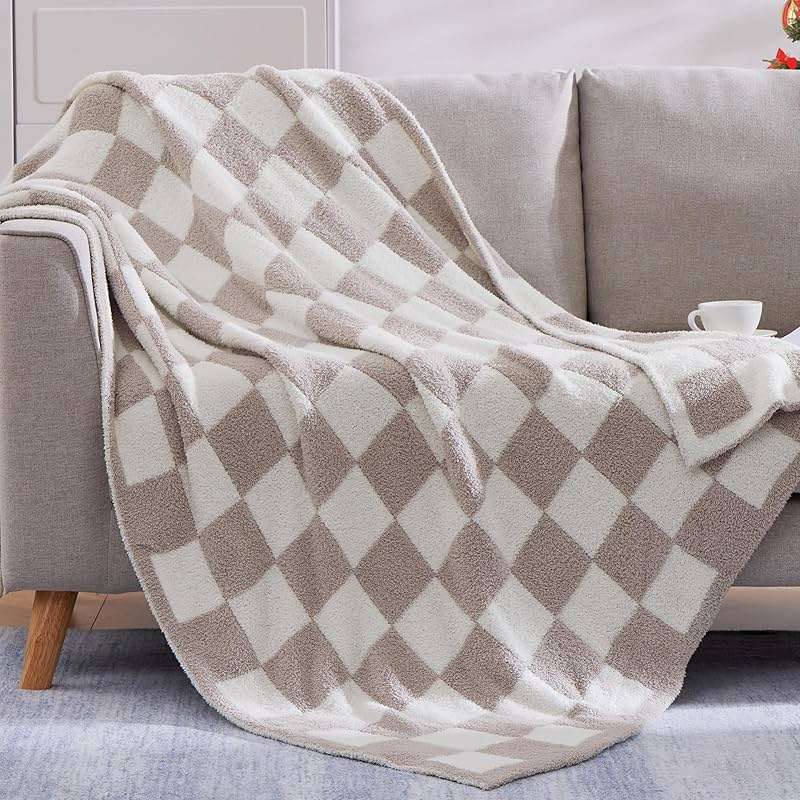 WRENSONGE Checkered Throw Blanket, Taupe Microfiber Soft Cozy Fluffy Warm Hand Made Throw Blankets for Couch, Sofa, Chair, Bed, Camping, Picnic, Travel Lightweight Bed Blanket - 50"*70" - Image 1