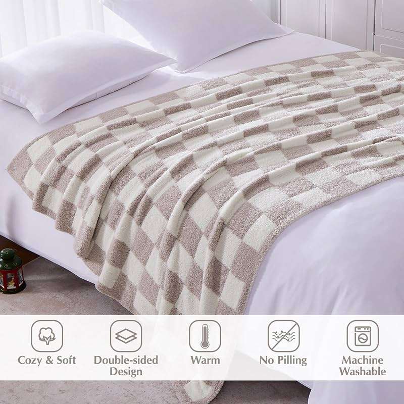 WRENSONGE Checkered Throw Blanket, Taupe Microfiber Soft Cozy Fluffy Warm Hand Made Throw Blankets for Couch, Sofa, Chair, Bed, Camping, Picnic, Travel Lightweight Bed Blanket - 50"*70" - Image 3